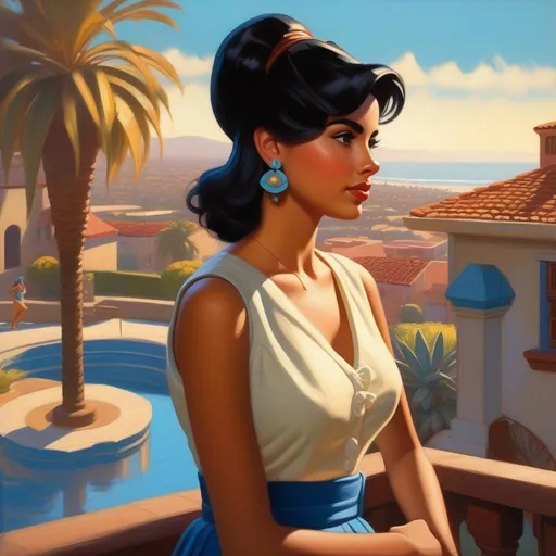 Prompt: Third person, gameplay, Mexican-American girl, olive skin, black hair, brown eyes, 1950s, San Diego, sunny hot weather, blue atmosphere, cartoony style, extremely detailed painting by Greg Rutkowski and by Henry Justice Ford and by Steve Henderson 


