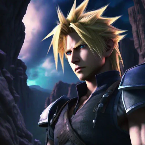 Prompt: Cloud Strife portrait in Cosmo Canyon, High definition, High Quality, 4k, Full HD, Dynamic lights, action poster.