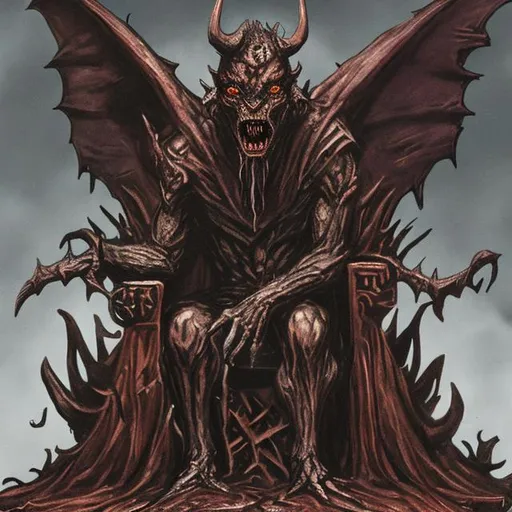 Prompt: medieval style demon on throne enslaving humanity