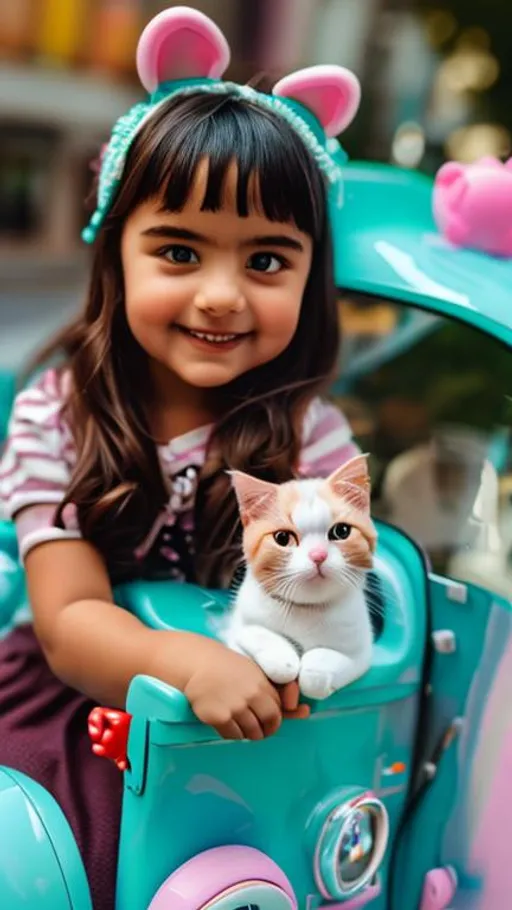 Prompt: Arafed girl sitting in a toy car with a cat and piggy, commercial toy photo, cute features, cute toy, toy pack, very cute features, childrens toy, toy photo, fully posable, cute, super cute and friendly, toy design, cute colorful adorable, Photo taken with Nikon D750, Photo taken with Nikon D 7 5 0 --auto