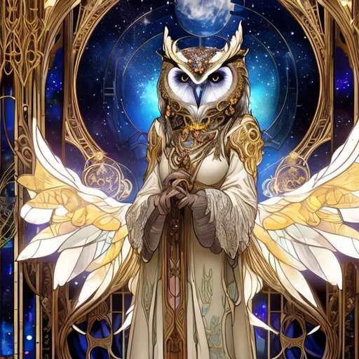 Prompt: character art of fantasy elegant boreal owl humanoid witch inside an observatory, with yellow-gold eyes and white and brown feathers, wearing long celestial robes, holding an ornate mirror, looking at an art nouveau  stained glass window, very detailed, photorealistic, deep and mysterious colors of the universe, cosmic, capturing the awe-inspiring beauty of outer space

