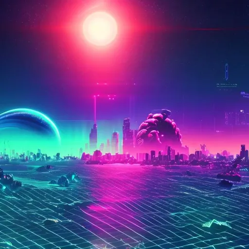 Prompt: Synthwave digital sea. Ocean of space and digital grids. Planets in the background. 