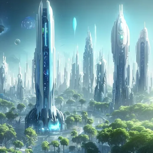 Prompt: Futuristic City White Tall Towers Lush Green Overgrown Plants Light Blue Sky High with many big white spaceships