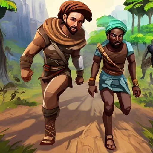 Prompt: create art for this game "JTNigerianOdyssey: The Race Through Time.  Nollywood Film Studio: Josh and Tim: The adventurous main characters who guide players through the journey, each with their unique personality and skills.