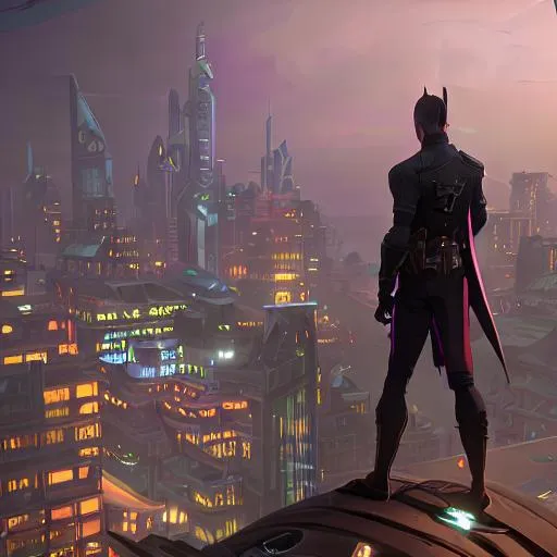 Prompt: Batman, front, body shot, on top a cityscape, looking down at the streets, nightfall, spotlight shining to the sky