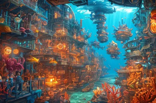 Prompt: cinematic shot,

hyper detailed undersea steampunk city concept art, lot of fish, coral, vibrant color, photo realistic, very detailed city background, detailed undersea background, 

cinematic lighting, studio lighting, volumetric lighting, ultra HD, 64k resolution, masterpiece, professional artwork,