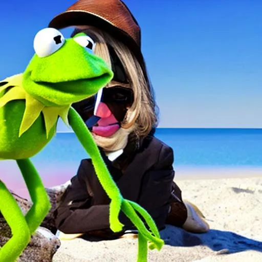 Prompt: Kermit the Frog posing with tracer on a beach
