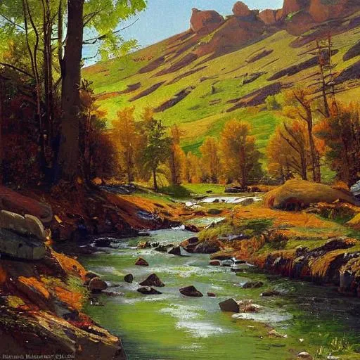 Prompt: A detailed North Dakota landscape with a stream in the style of Peder Mork Monsted