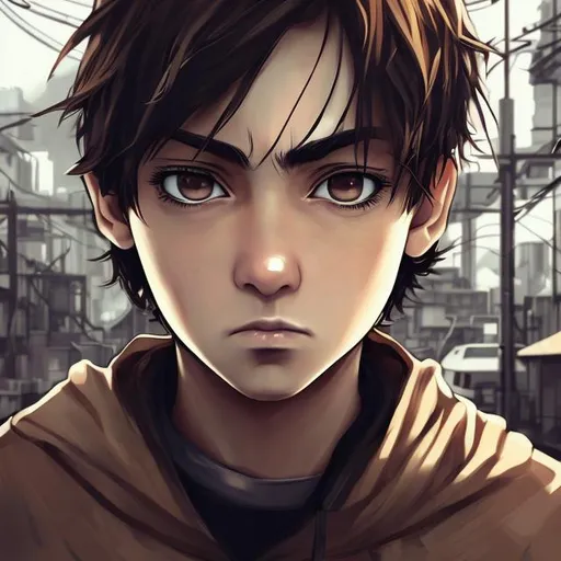 Prompt: portrait of an adult person, brown eyes, expression is defiant, facing camera, concept art and anime style and photorealistic, symmetrical, background is a post-industrial setting