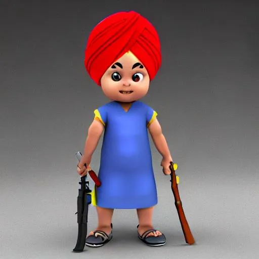 Prompt: A cartoon cute little sikh boy with turban wearing. Equipped with sikh religion weapons. Blender render 3D