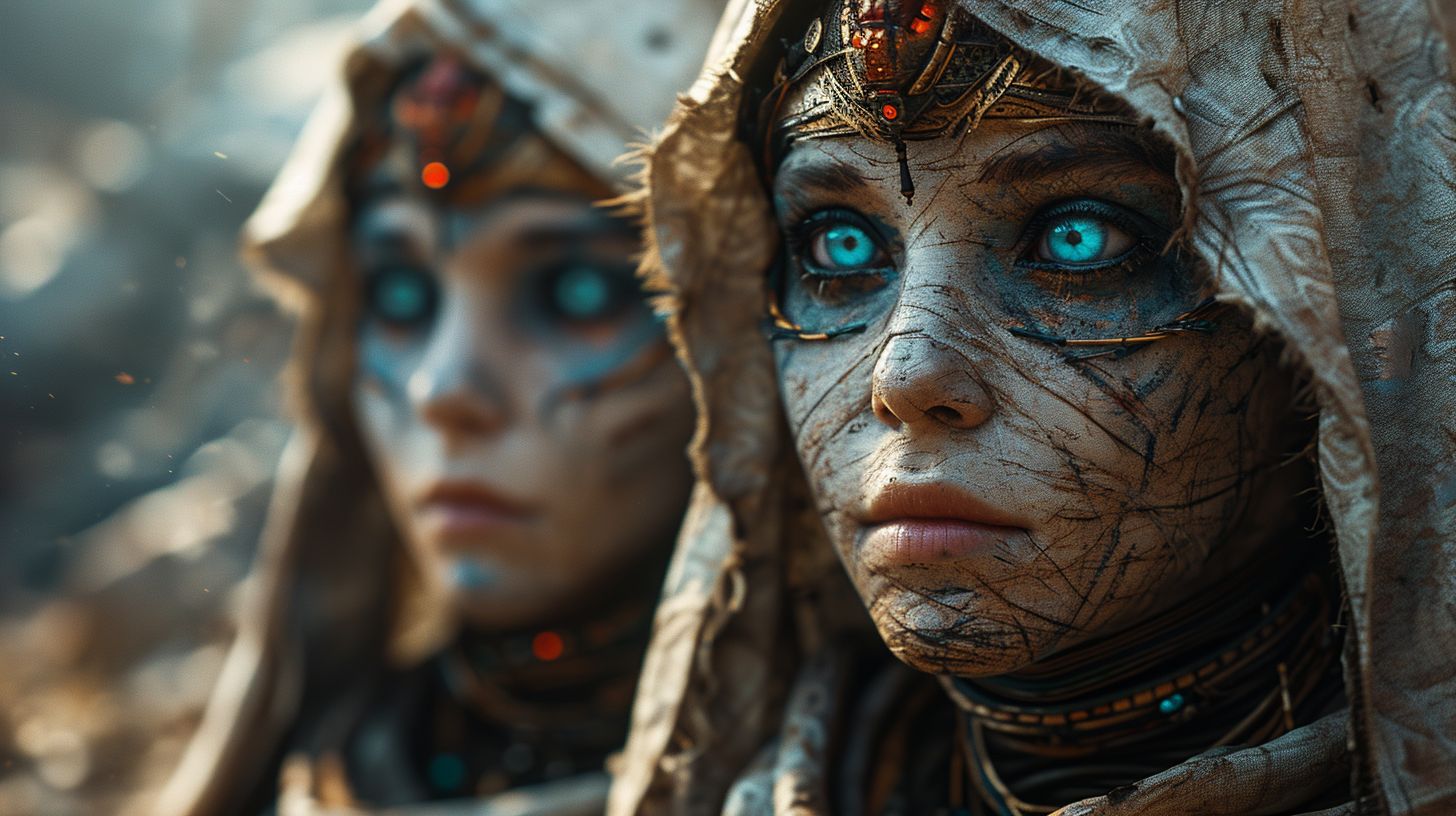 Prompt: Illustration of a mystical realm where two ethereal dolls with glowing blue eyes capture attention. Their faces, marked and wrapped in mummy-like cloth, are intriguingly adorned with lively red beetles. A soft-focus background amplifies the atmosphere of intrigue.