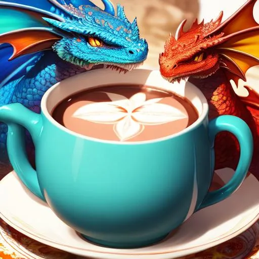 Prompt: Colorful dragons drinking hot chocolate, and a cute face, perfect composition, hyperrealistic, super detailed, 8k, high quality, trending art, trending on artstation, sharp focus, studio photo, intricate details, highly detailed, by greg rutkowski, illustration, watercolor