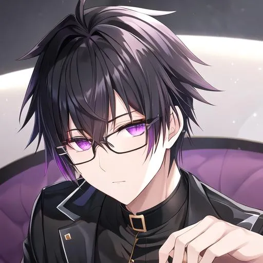 Prompt: Male (short spiky black hair with long white fringes) (Purple eyes, he wears golden eyeglasses)