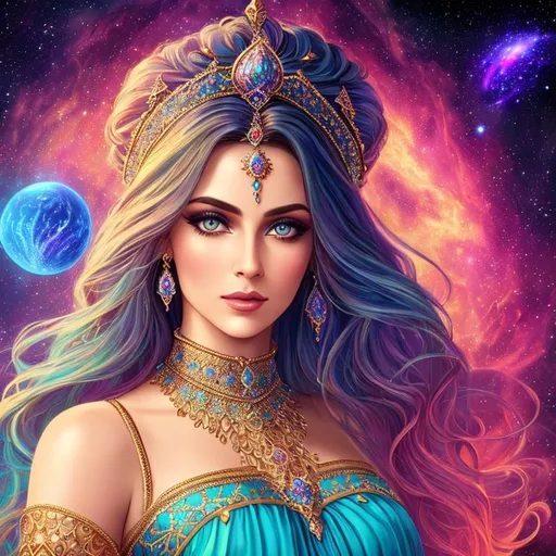 Prompt: Tamina as a Princess of persia, detailed beauty face, detailed beauty eyes, perfect long hair, surreal beauty, soft light, Abstract fractal art background, surrounded by Castle in Prince of Persia, surrounded by  full color space nebula and super nova planets and moon on julia clusters mandelbrot voronoi fractal, long shot