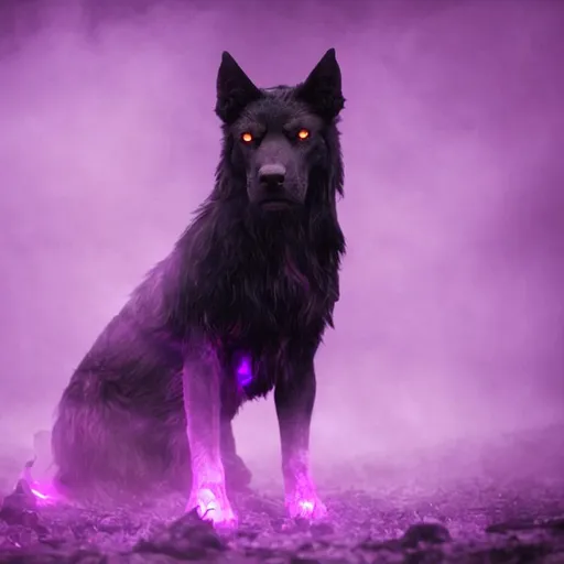 Prompt: hellhound with glowing eyes in a purple mist
