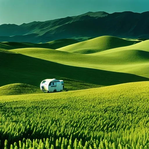 Prompt: a beautiful vista of rolling hills and alien plants, with one mobile home, in the style of Star Trek. {Star Trek: The Next Generation}