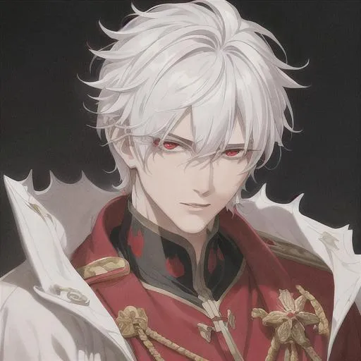 Prompt: "A close-up photo of a handsome prince with messy short hair, white hair, glowing red eyes, wearing a red robe, in hyperrealistic detail, with a slight hint of disgust in his eyes. His face is the center of attention, with a sense of allure and mystery that draws the viewer in, but his eyes are also slightly downcast, as if a sense of disgust is lingering in his thoughts. The detailing of his face is stunning, with every pore, freckle, and line rendered in vivid detail, but the image also captures the subtle emotions of disgust that might lie beneath his surface."