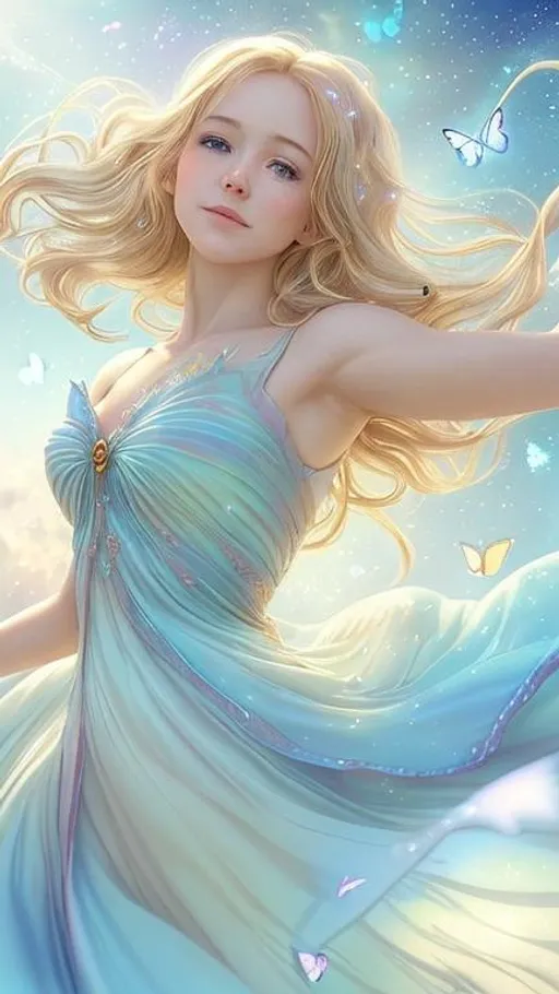 Prompt: Zoom in Portrait Very beautiful air faerie, Sylph (Masterpiece), warm gentle joyful expression, group of butterflies, wavy opalblonde hair in the wind, (Masterpiece), fantastic sunlight, gentle white clouds, very beautiful woman, fantasy, beautiful dancing pose, fantastic sky background, realistic butterflies, constellation-like design Dress, in the sky Shining opalblonde hair, cinematic light, beautiful woman, beautiful eyes, long hair, perfect anatomy, very pretty, princess eyes, fantastic, stylised animation, bioluminescent, life size, 32K resolution, human hands, mysterious shape, graceful, almost perfect, dynamic angles, highly detailed, figure sheet, concept Art, smooth, symmetrical, balanced placement, fashion pose, 20s beauty, great hair, overhead space