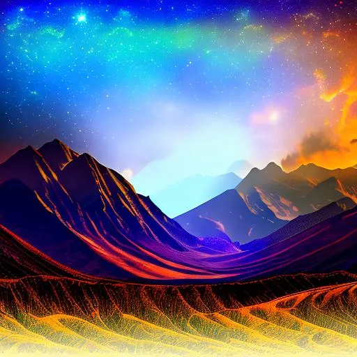 Prompt: oversaturated colors of the nightfall over the vector mountains, hidden magical symbols hidden all over in the image