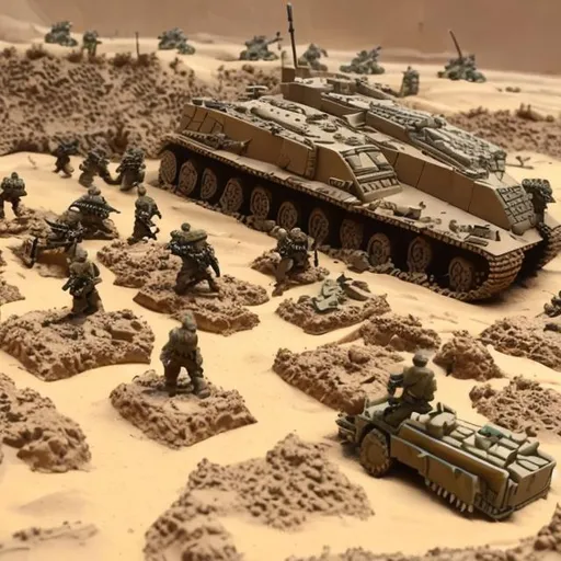 Prompt: trench warfare, desert, surprise attack, scifi, army, large, sand storm