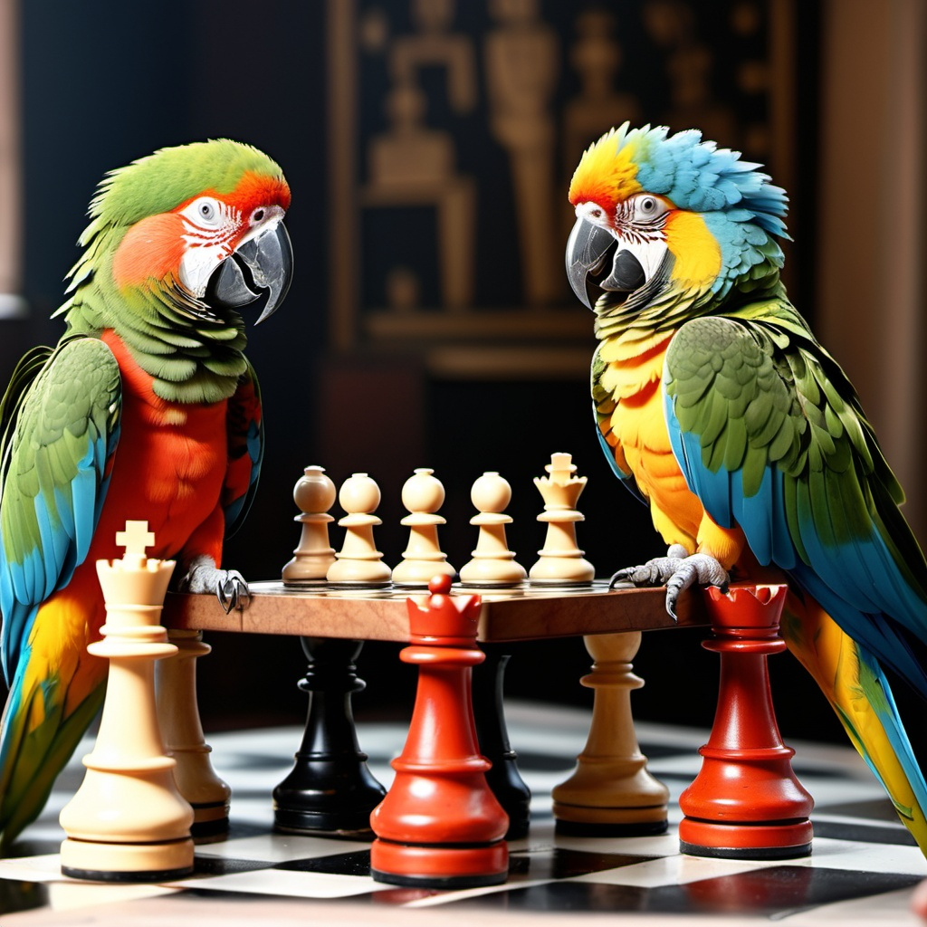Two parrots debating over a chess game, mimicking fa...