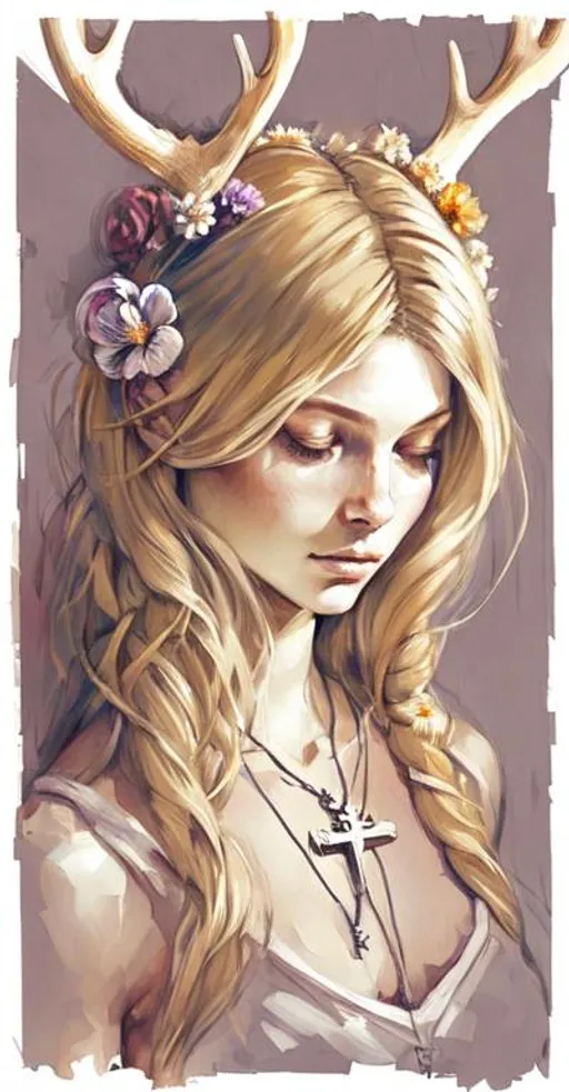 Prompt: Blond hair antlers flowers in her hair holding a rosary with a crucifix pendant