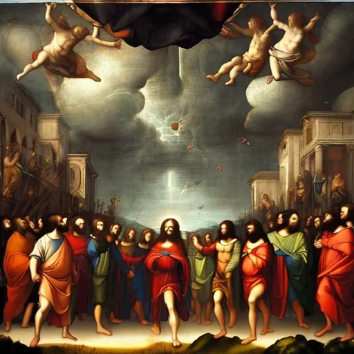Prompt: Renaissance, Leonardo da vinci, Jesus, disciples, oil painting, walking on water, storm, dark clouds