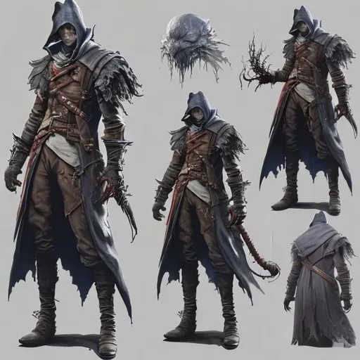 Prompt: character design, reference sheet, bloodborne 2 , concept art, photorealistic, hyperdetailed, 3 d rendering!, red hair, broke right hand, blue eyes, dark clothes, simple clothes