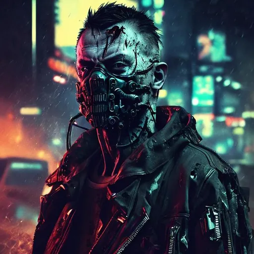 Prompt: Villain. Future paramilitary style body uniform. Slow exposure. Detailed. Dirty. Dark and gritty. Post-apocalyptic Neo Tokyo. Futuristic. Shadows. Sinister. Armed. Brutal. Intimidating. Evil. Bionic enhanced mouth. Fanatic. Intense. Heavy rain. Neck tattoo. Neon lights in background. Explosion. Burning car in mid distance.  Detonator in hand.