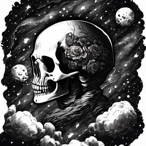 Prompt: macabre skull in space illustration galaxies stars dead astronaut pen work