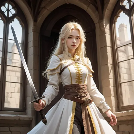 Prompt: A comic character does not need 3D effects, has long light blond hair, medium yellow pupils, very white skin, and is female. Western fantasy European dress, Korean comic style, in a gorgeous castle with many windows and a tall roof. Holding a long sword, he chopped off the heads of more than a dozen people.