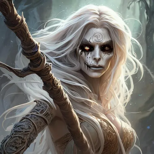 Prompt: Full body splash art portrait of a pretty female undead sorceress casting a spell, very long sand-colored hair with a fringe, wearing long light-colored iridescent robes, carrying a wooden staff, heroic, cute, D&D, fantasy, intricate, highly detailed, sharp focus, digital painting, oil painting, master piece, artstation, concept art, 4k, 8k