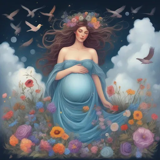 Prompt: A colourful and beautiful Persephone, flowers and gems in her hair and her hair is made of clouds. She is pregnant and lovingly cradling her belly. In a beautiful flowing dress made of wildflowers. Surrounded by birds and clouds. Framed by a nighttime sky of clouds. in a painted style