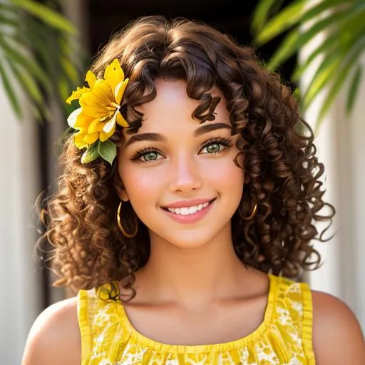Prompt: A girl with curly brown hair ,green eyes, wearing yellow, yellow flower in her hair, radiant smile, facial closeup