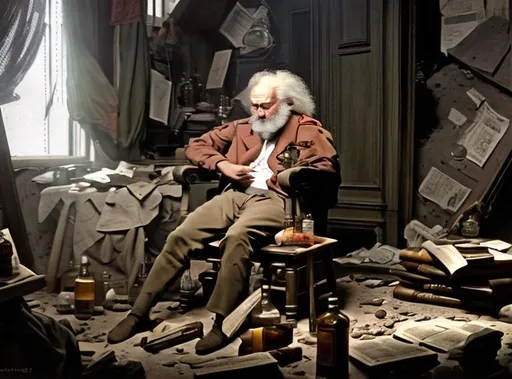 Prompt: Karl Marx, drunk, depressed, slumped deep back into a chair, staring at the ceiling, in a dark room, surrounded by ruins and communist flags;  pondering failure. Surrounded by bottles of alcohol and open pill bottles, and books. 