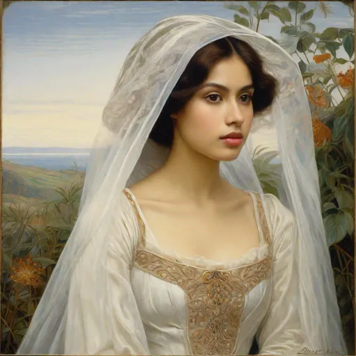 Prompt: half body, pretty young Indonesian woman, 25 year old, (round face, high cheekbones, almond-shaped brown eyes, small delicate nose), white houppelande,  white open veil, character portrait by Elizabeth Polunin, featured on cg society, pre-raphaelitism, pre-raphaelite, enchanting, elegant, masterpiece, intricate detail