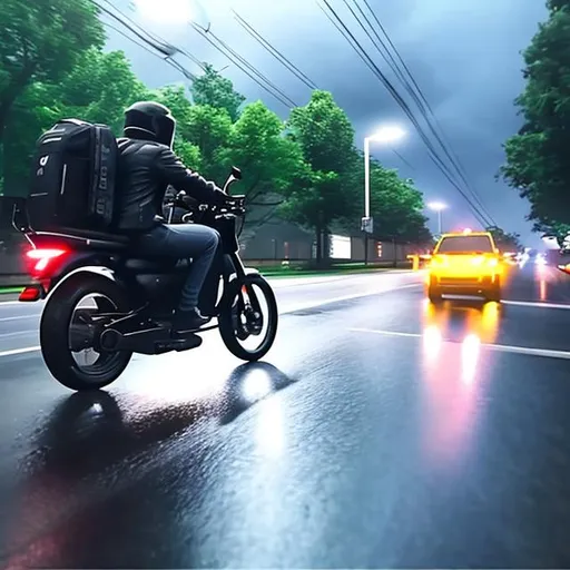Prompt: Uber eats driver driving in a motorcycle on the rain, HD, low lightning