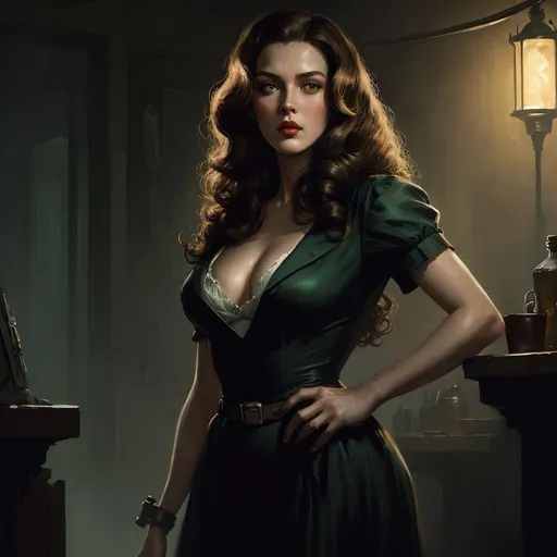 Prompt: digital painting concept art "the mistress" by ((Greg Rutkowski)), gritty noir, 1950s style, supermodel woman with green eyes and (long) curly brunette hair