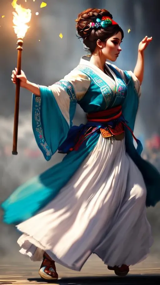 Prompt: Folk beautiful girl from Bulgaria with traditional rhodope robe dancing over coals!!! soft lighting, 8k resolution, hyper detailed, cinematic, deep lighting, Ukiyo-e hyperdetailed Unreal Engine dynamic lighting,Splash art, trending on Artstation