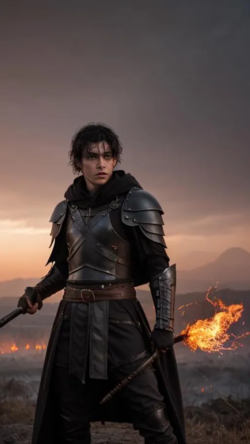 Prompt: A battered and raged Caucasian male with short black hair, a black cloak with leather armor, baggy pants and a purple spear in hand. He is leaning on his spear in the middle of a burning villiage as ash and glowing orange sparks fall gently from the grey sky. behance HD, fantasy style