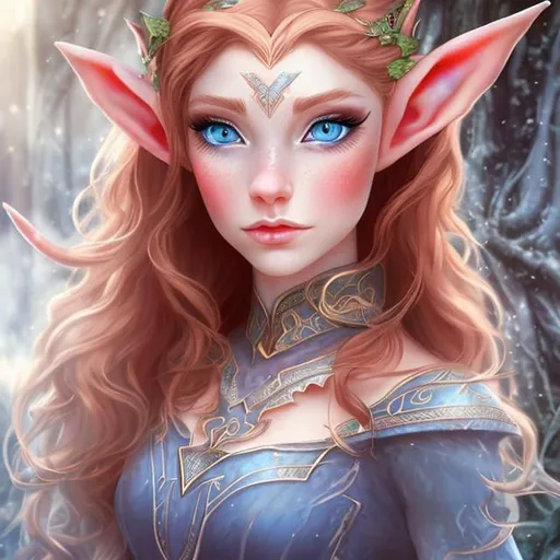 Prompt: A beautiful elf woman, blue eyes, red hair, elegant.