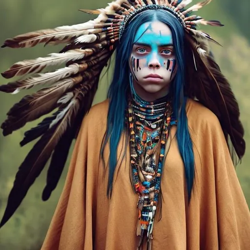 Prompt: billie eilish, young, small, short, detailed face, tan poncho, native american clothes, native american facepaint, indian feather headdress