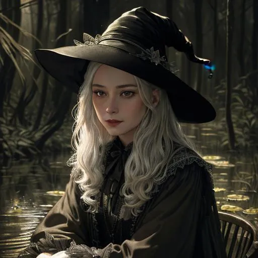 Prompt: ((best quality)), ((masterpiece)), ((realistic)), ((theyeboy)), (detailed) A beautiful witch, swamp, 1930s, high resolution scan, masterpiece, hyperrealism, delicate detailed complex, highly detailed, intricate detailed, volumetric lighting, light reflection, highly detailed concept art, trending on artstation, vivid colors, melancholic, creepy, dark, southern gothic