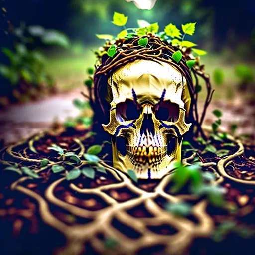 Prompt: Skull with gold crown laying on the ground with vines growing through it