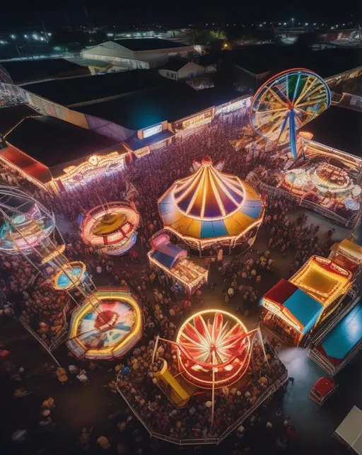 Prompt: A busy carnival midway at night filled with colorful rides, games, and lights. Shot from above using a wide angle lens to capture the energy and crowds. Vibrant, exciting mood. 