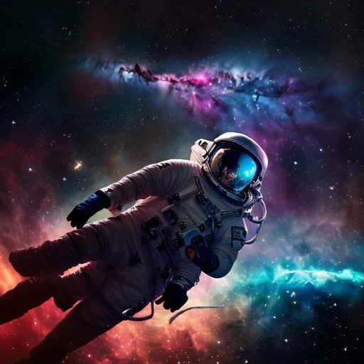 Prompt: an astronaut floating in space with a nebula in background 