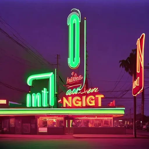 Prompt: the neon sign for the mint is lit up at night, mint higlights, green neon signs, mint, googie kitsch aesthetic, bright neon signs, neon signs in background, 1 9 7 0 s, 1970s, neon advertisements, 1960s technicolor, 1 9 6 0 s technicolor, googie architecture