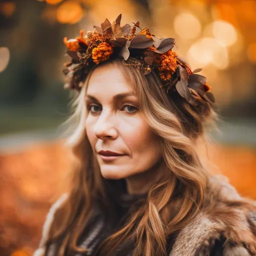 Prompt: caucasian goddess in her 40s wearing a wreath from fallen leaves and orange and brown colours in an autumnal background close up bokeh