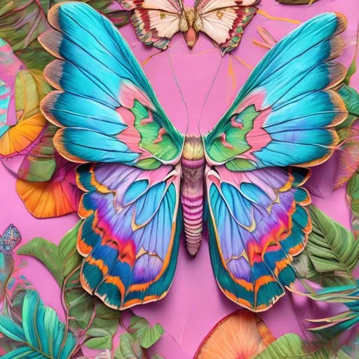 Prompt: Pastel atlas moth diorama in the style of Lisa frank