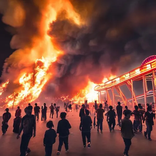 Prompt: an amusement park on fire and people fleeing the park